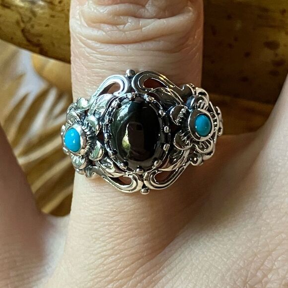 Natural Shungite Sleeping Beauty Turquoise Sterling Silver Ring Size 8 - Picture 1 of 9